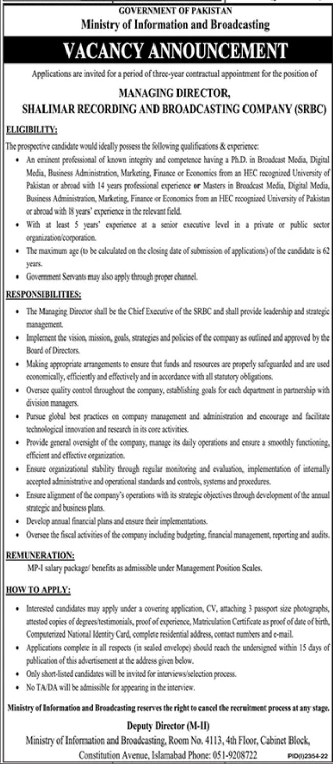 Government of Pakistan Ministry of Information and Broadcasting Jobs October 2022