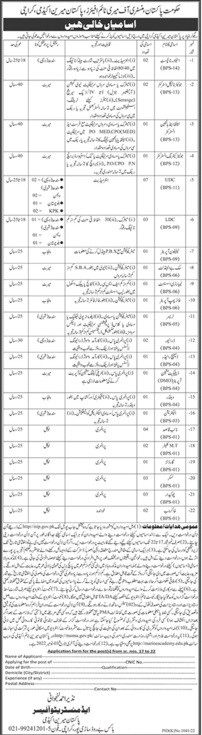 Government of Pakistan Ministry of Maritimes Affairs Jobs October 2022