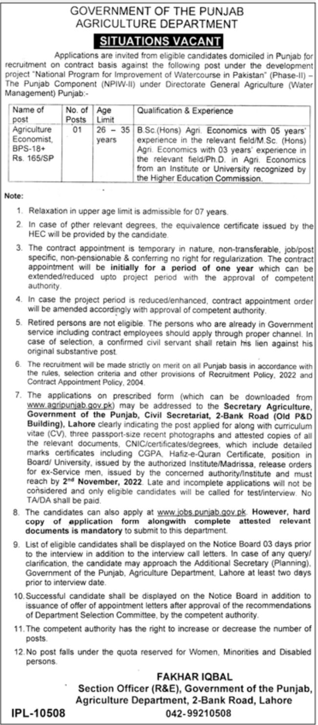 Government of the Punjab Agriculture Department Jobs October 2022