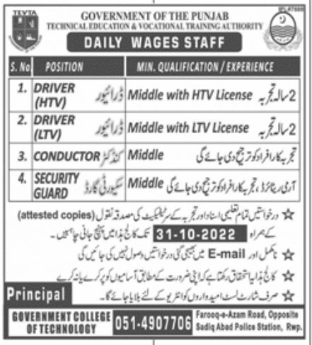 Government of the Punjab TEVTA Jobs October 2022