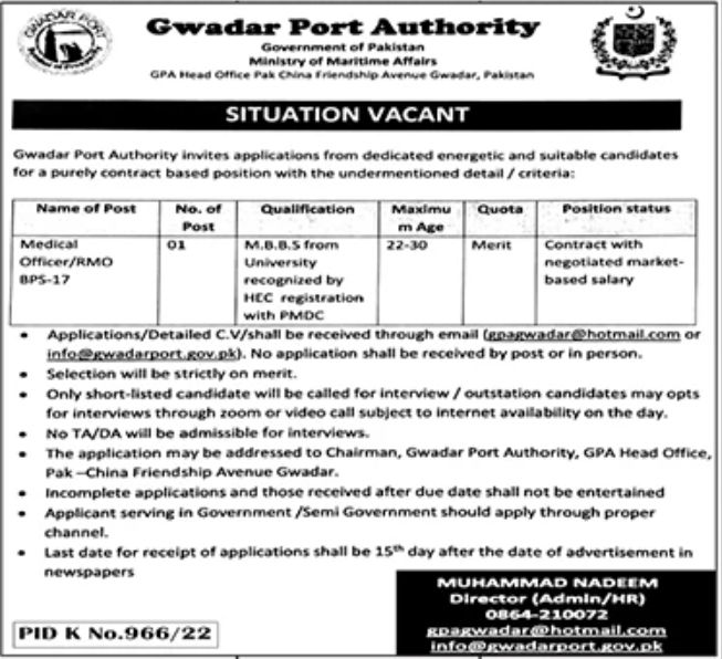 Gwadar Port Authority GPA Jobs October 2022
