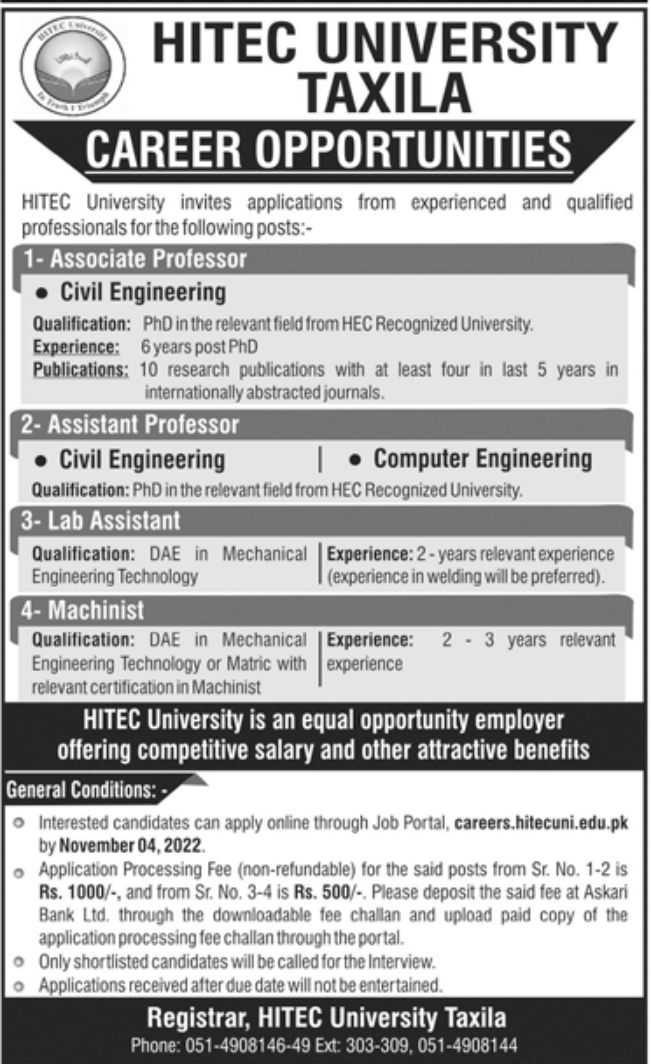 HITEC University Taxila Jobs October 2022
