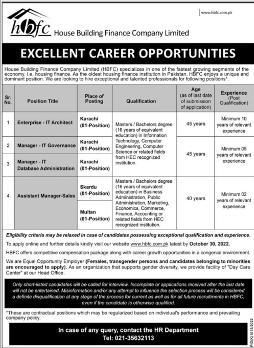 House Building Finance Company Limited HBFC Jobs October 2022