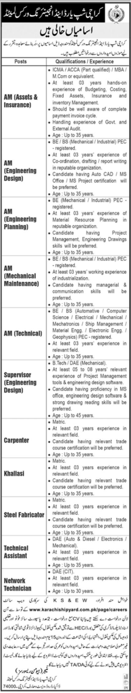 Karachi Shipyard & Engineering Works Limited Jobs October 2022
