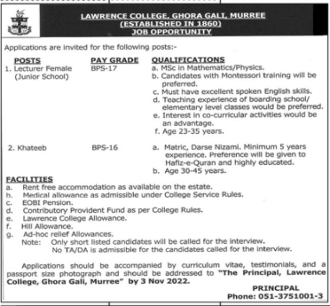 Lawrence College Ghora Gali Murree Jobs October 2022