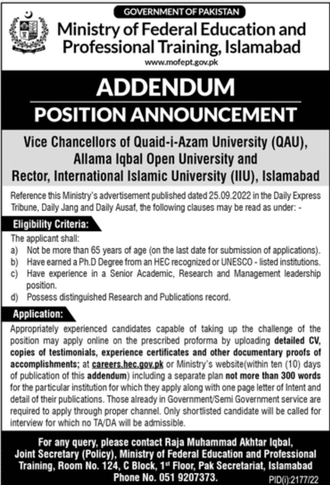Ministry of Federal Education and Professional Training Islamabad Jobs October 2022