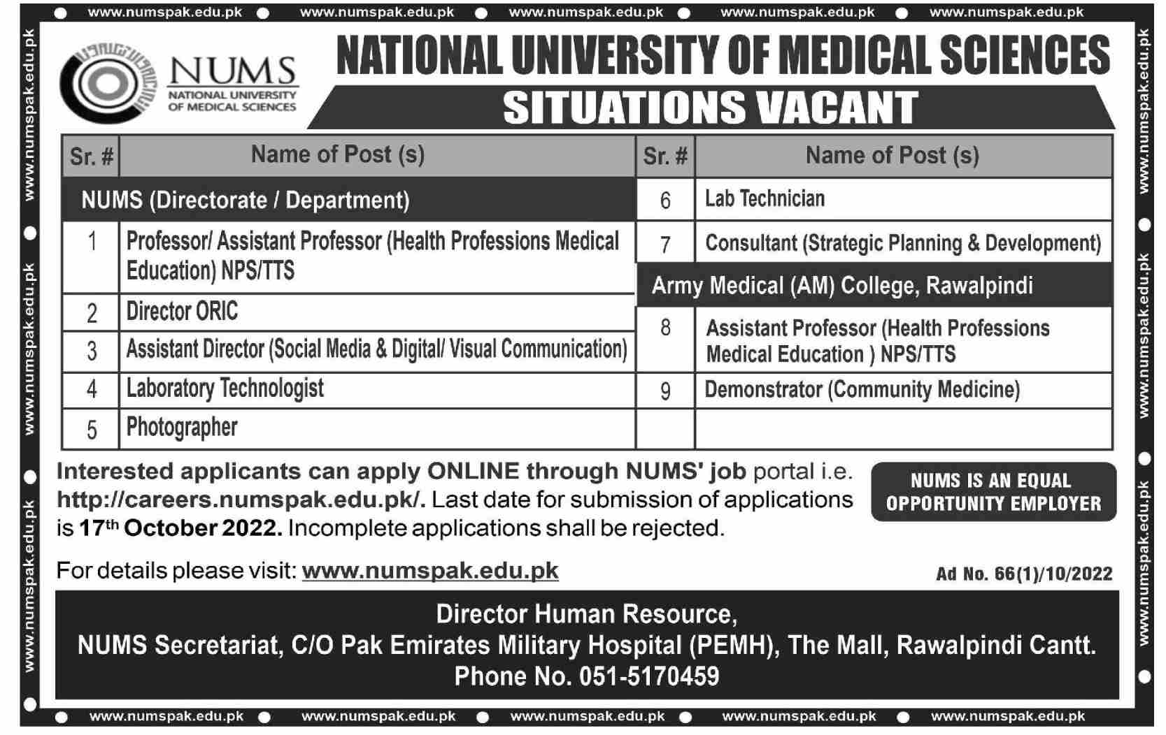 NUMS National University of Medical Sciences Jobs October 2022
