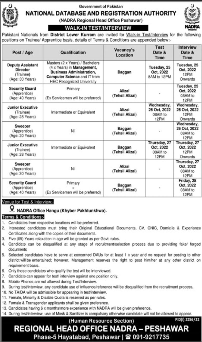 National Database and Registration Authority NADRA Jobs October 2022