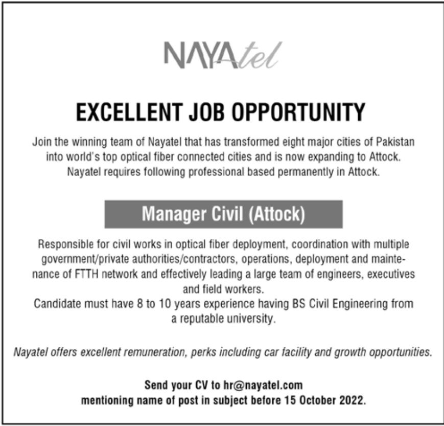Nayatel Pakistan Jobs October 2022