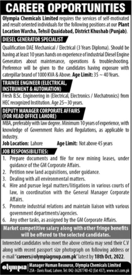 Olympia Chemicals Limited Jobs October 2022
