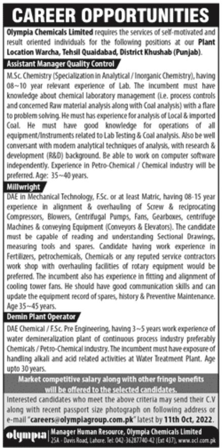 Olympia Chemicals Limited Jobs October 2022