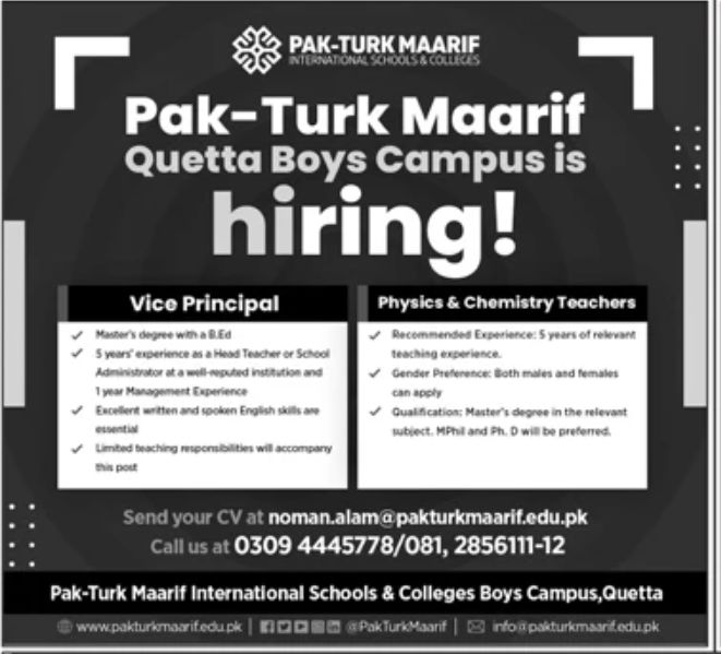 Pak-Turk Maarif Jobs October 2022