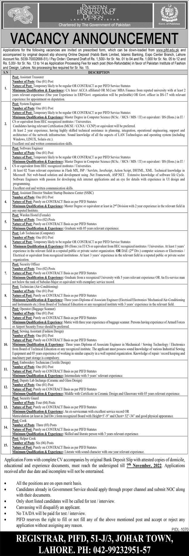 Pakistan Institute of Fashion and Design Jobs October 2022