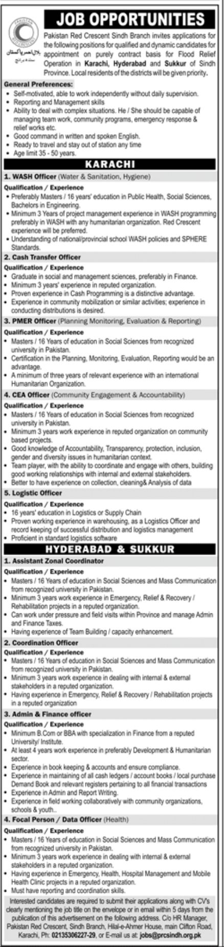 Pakistan Red Crescent Sindh Jobs October 2022
