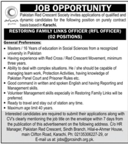 Pakistan Red Crescent Society Karachi Jobs October 202