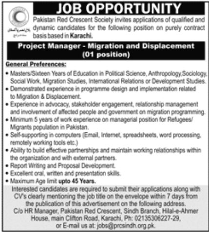 Pakistan Red Crescent Society Karachi Jobs October 2022