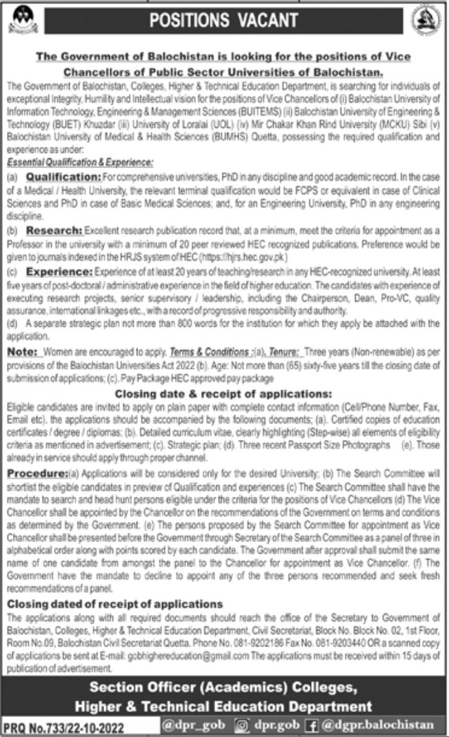Public Sector Universities of Balochistan Jobs October 2022