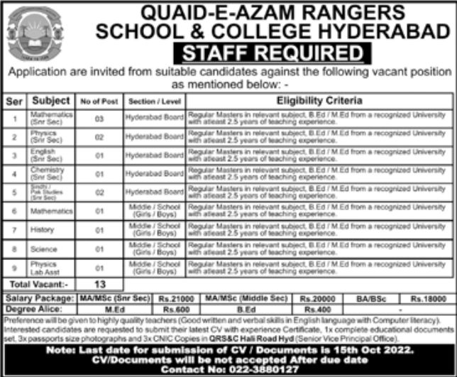 Quaid-e-Azam Rangers School & College Hyderabad Jobs October 2022