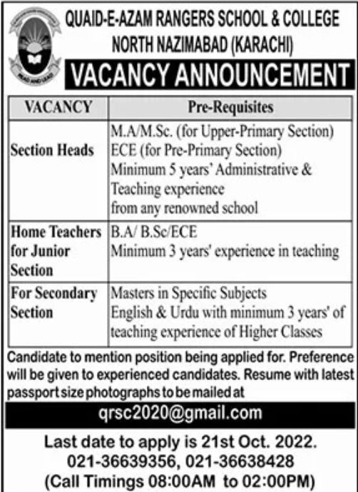 Quaid-e-Azam Rangers School & College Jobs October 2022