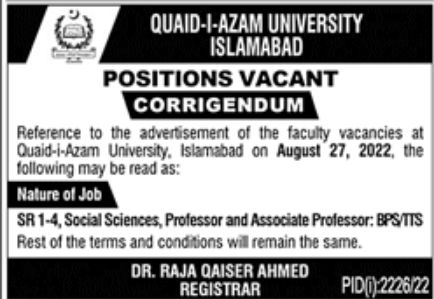 Quaid-i-Azam University Islamabad Jobs October 2022