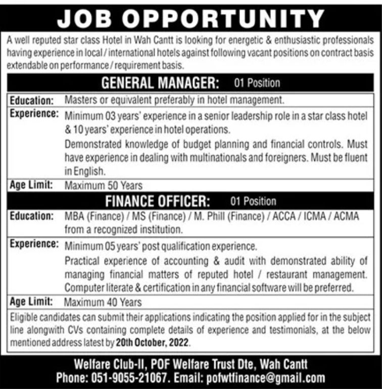 Reputed Star Class Hotel Wah Cantt Jobs October 2022