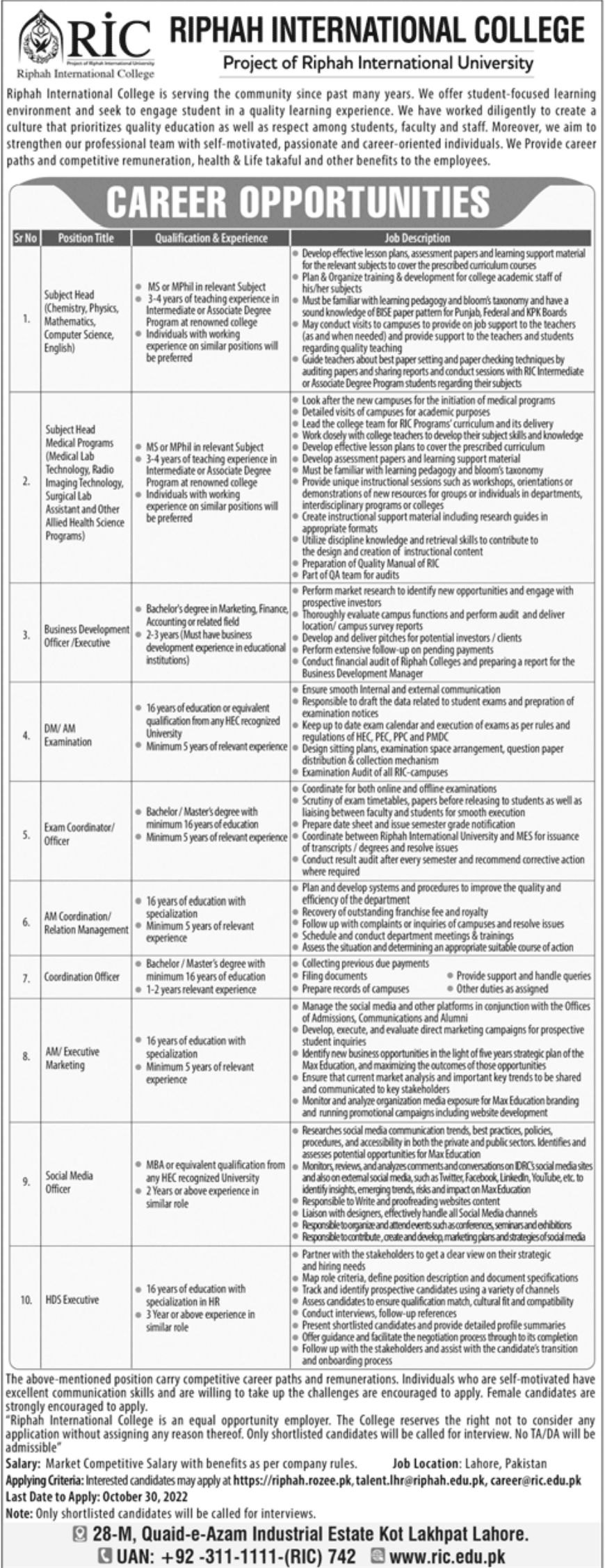 Riphah International College RIC Jobs October 2022