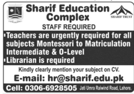 Sharif Education Complex Jobs October 2022