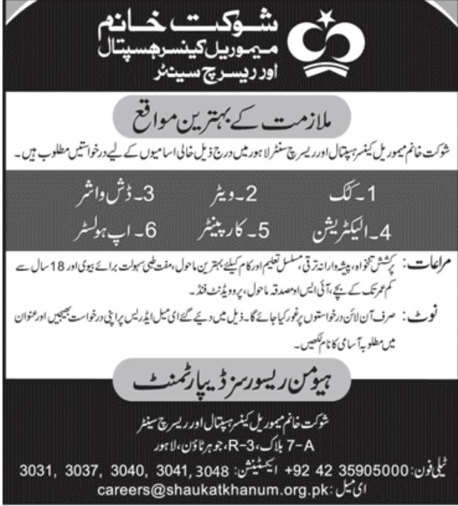 Shaukat Khanum Memorial Cancer Hospital Jobs October 2022