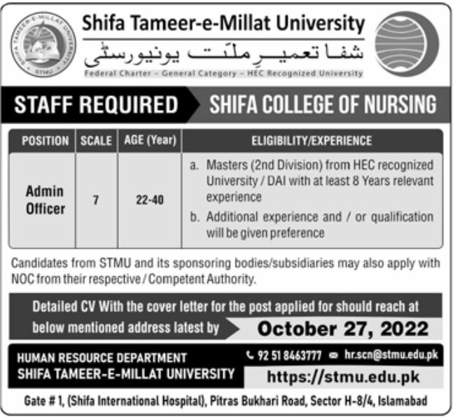 Shifa Tameer-e-Millat University Jobs October 2022