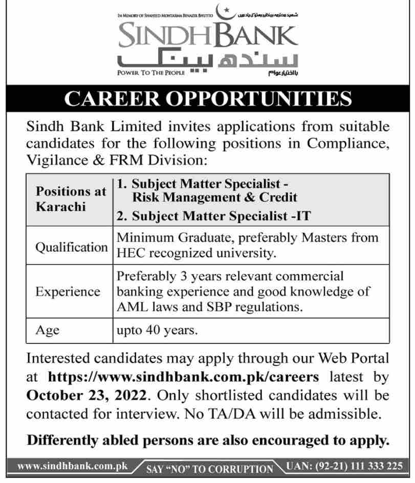 Sindh Bank Limited Jobs October 2022
