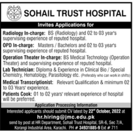 Sohail Trust Hospital Jobs October 2022