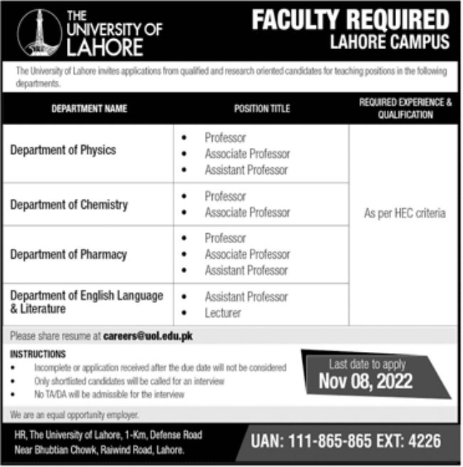 The University of Lahore Jobs October 2022