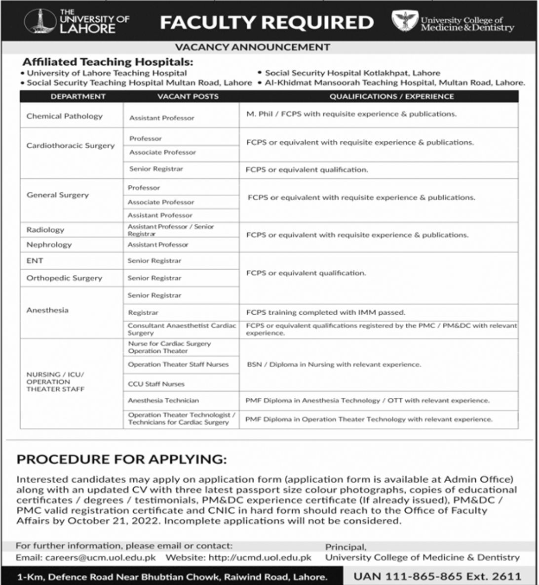 The University of Lahore Jobs October 2022