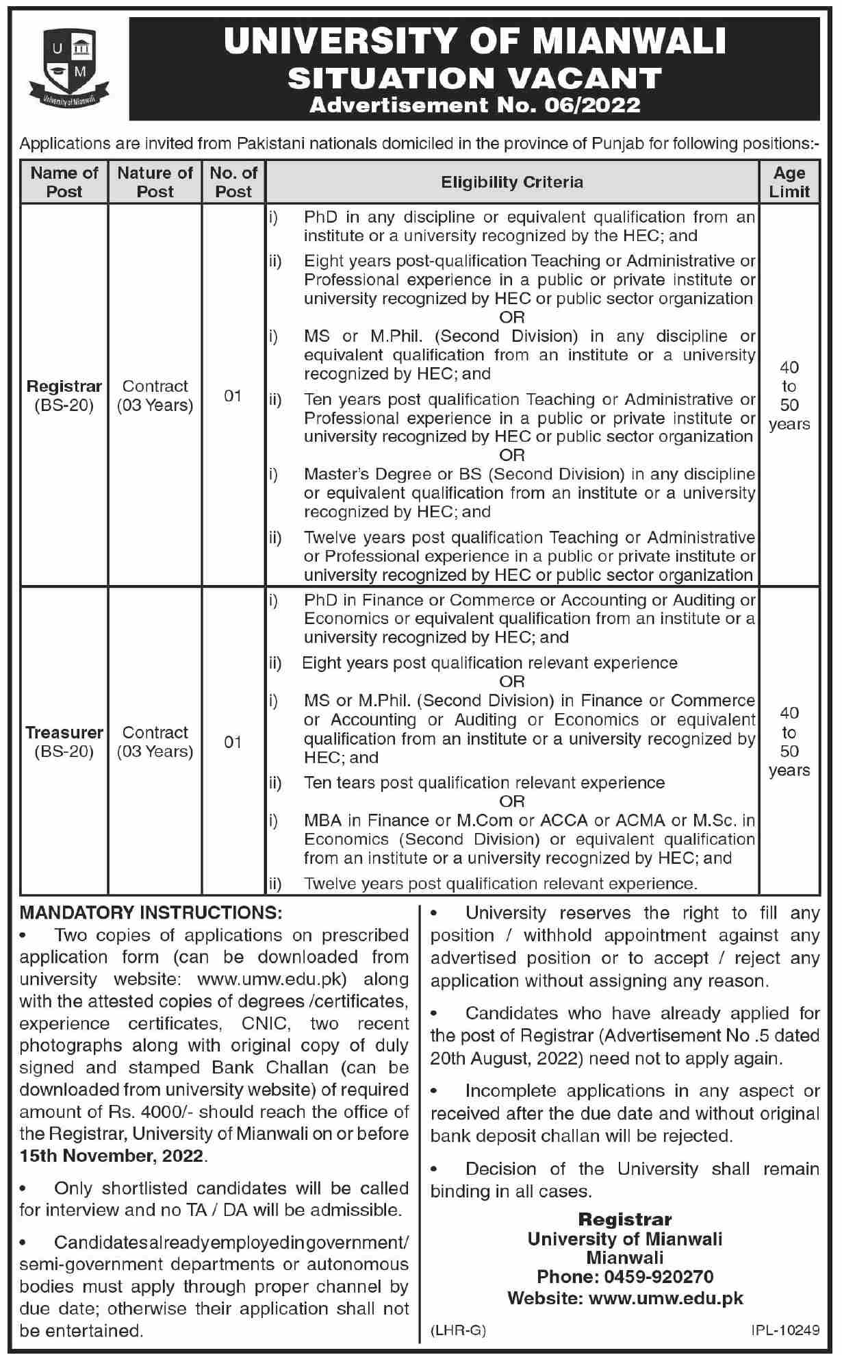 University of Mianwali Jobs October 2022