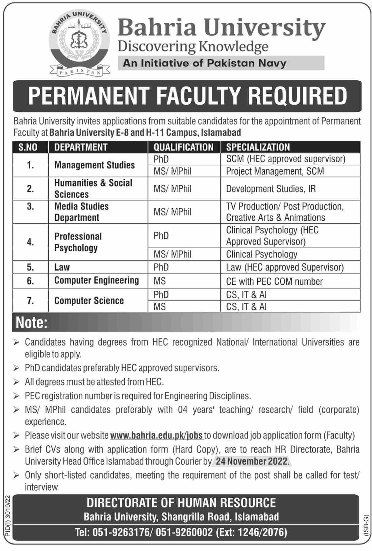 Bahria University Islamabad Campus Jobs November 2022