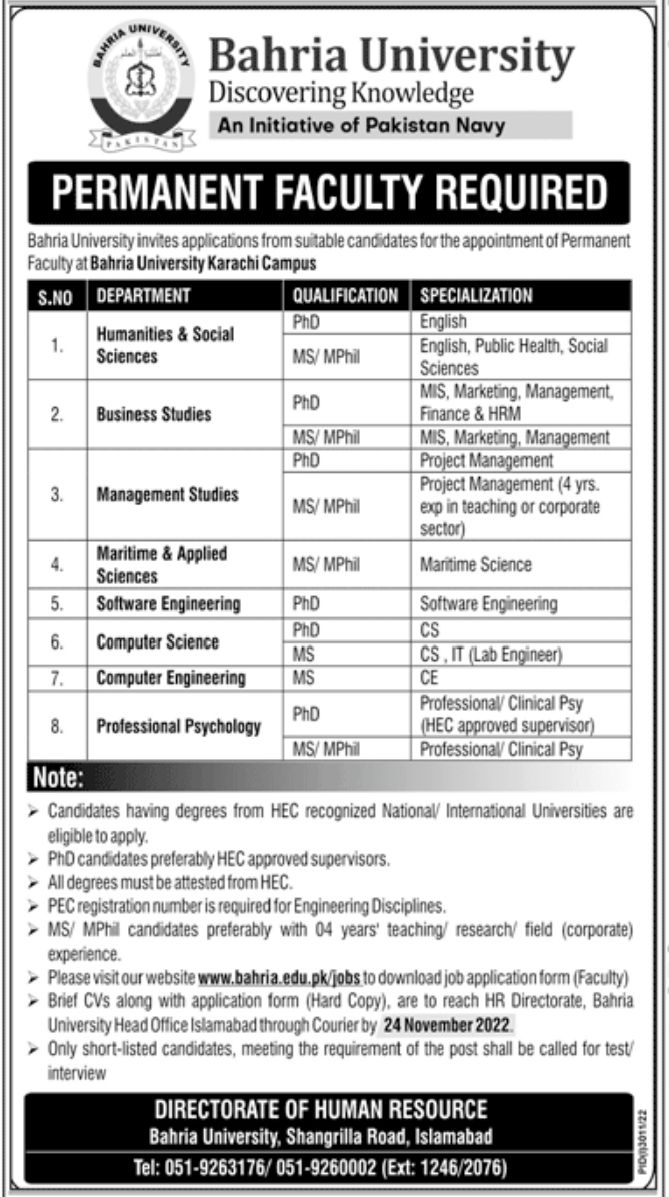 Bahria University Islamabad Jobs November 2022