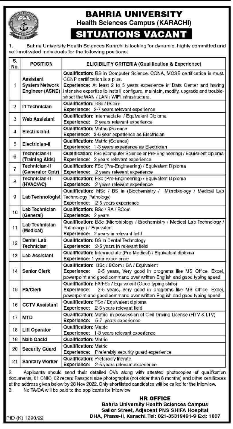 Bahria University Karachi Jobs November 2022