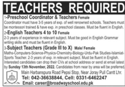 Broadway School Jobs November 2022