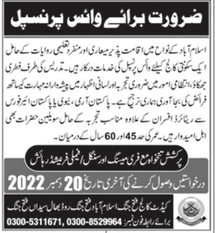 Cadet College Fateh Jhang Jobs November 2022