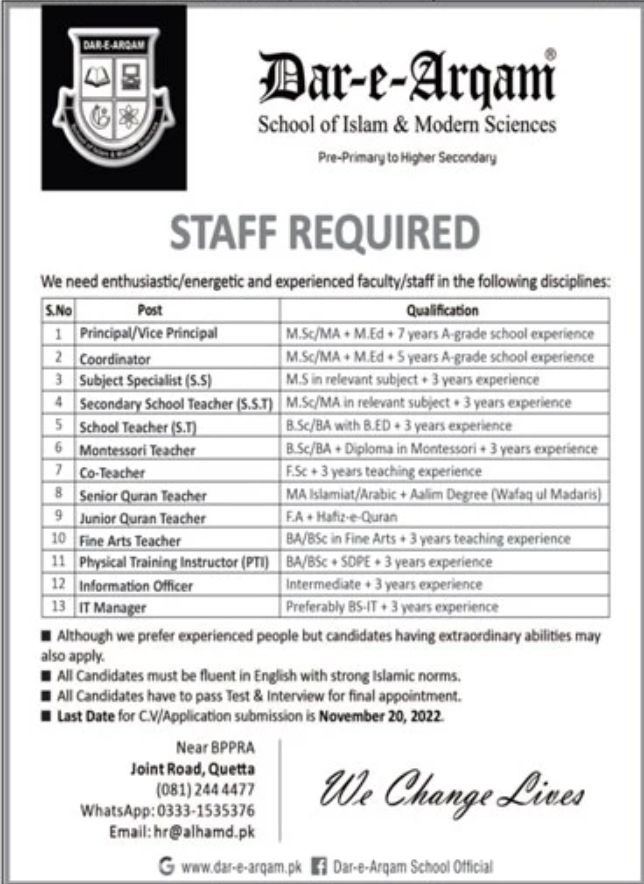 Dar-e-Arqam School Jobs November 2022