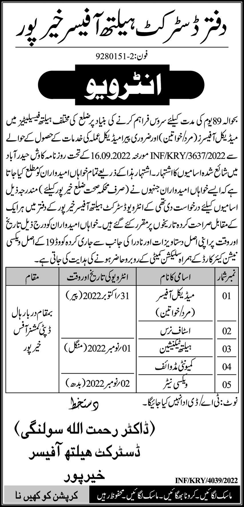 District Health Officer Khairpur Jobs October 2022