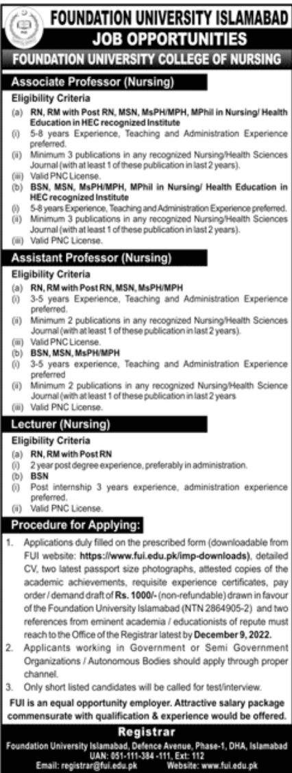 Foundation University Islamabad Jobs November 2022