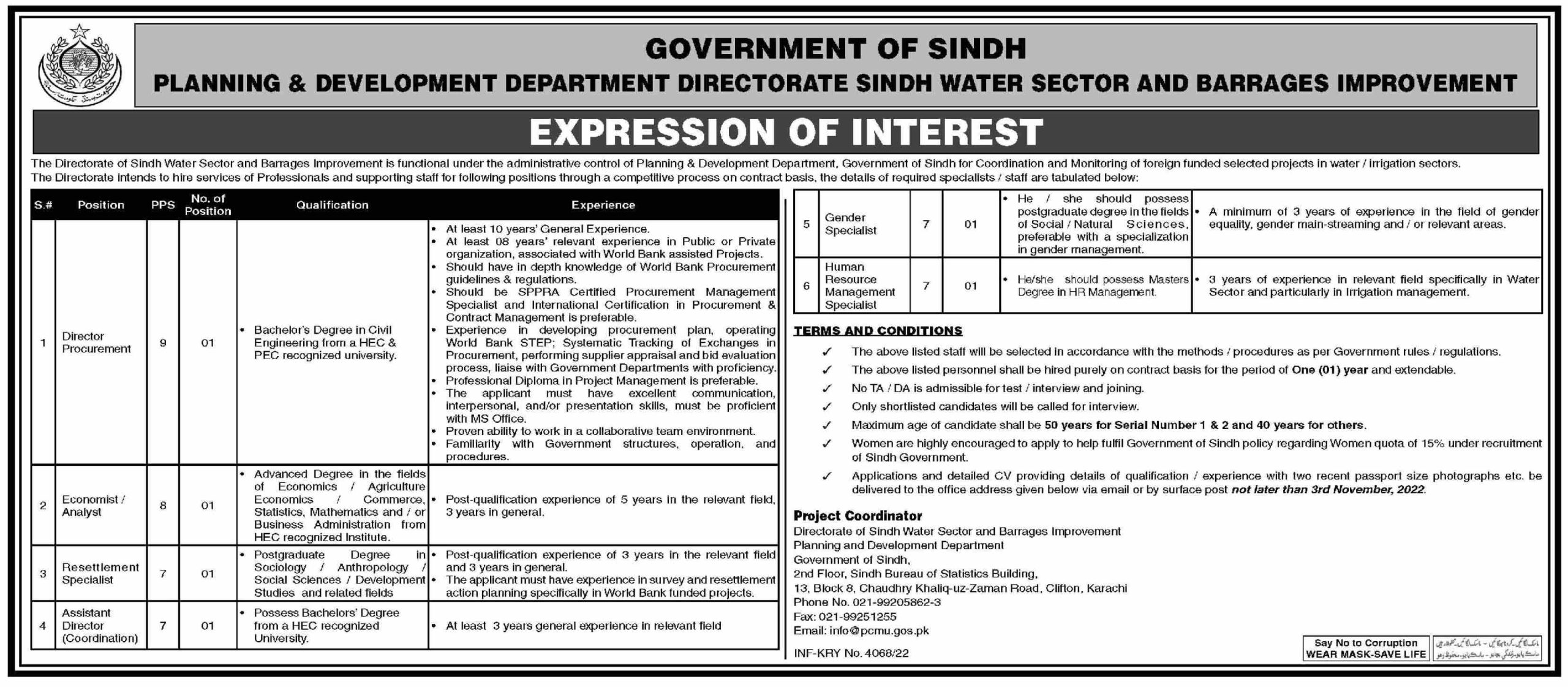 Government of Sindh Planning & Development Department Jobs October 2022