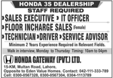 Honda Gateway Pvt Ltd Jobs November 2022