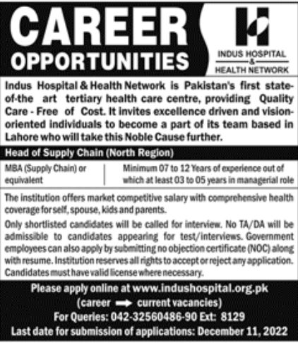 Indus Hospital & Health Network Jobs November 2022