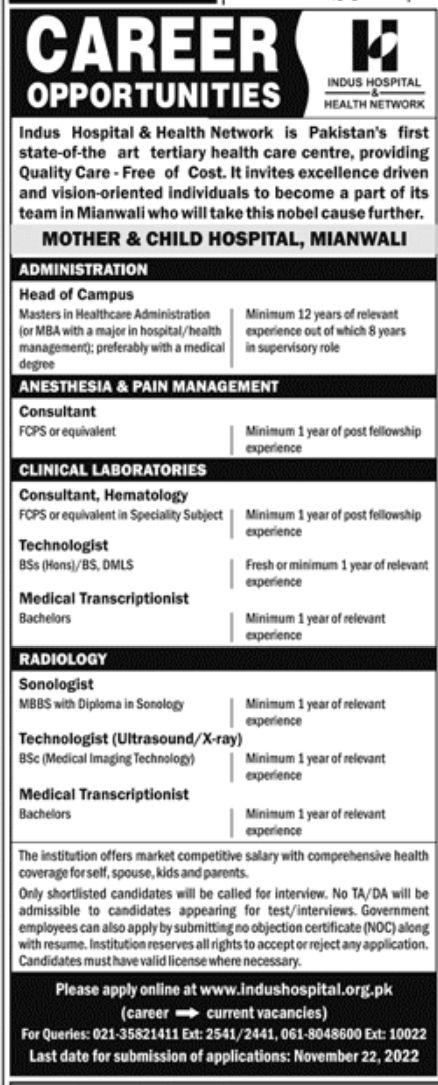 Indus Hospital & Health Network Jobs November 2022
