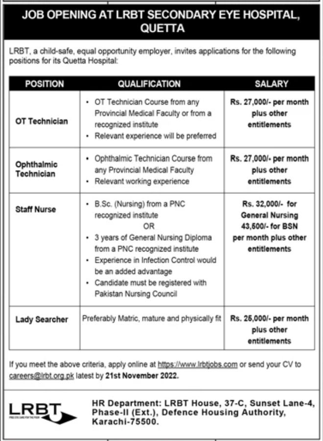 LRBT Secondary Eye Hospital Quetta Jobs November 2022