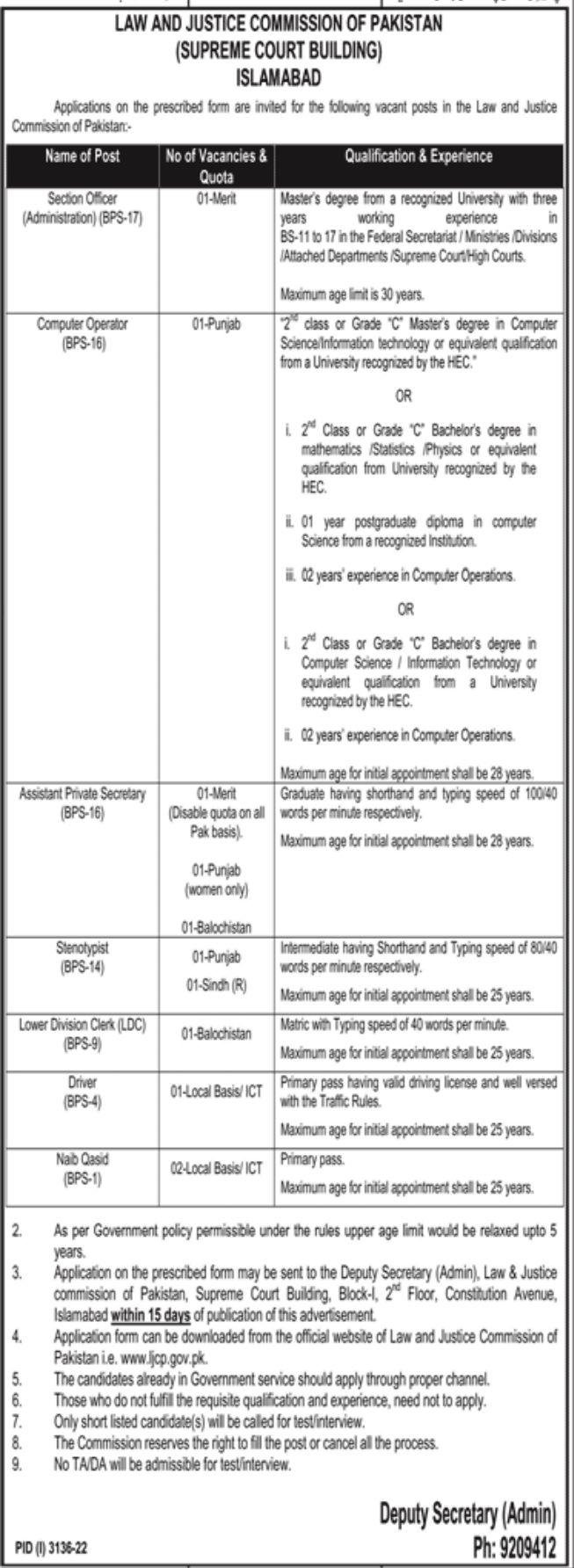 Law Justice Commission of Pakistan Jobs November 2022