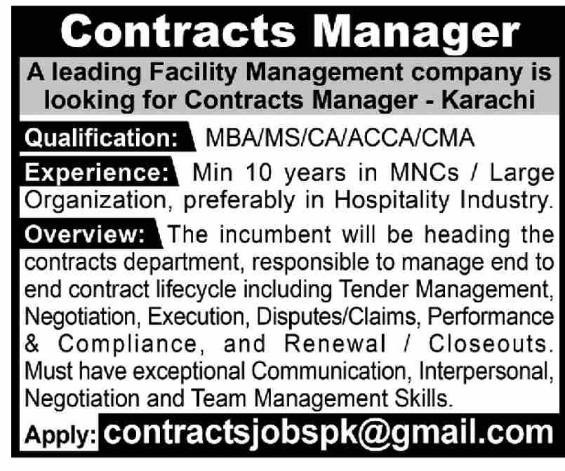 Leading Facility Management Company Karachi Jobs November 2022