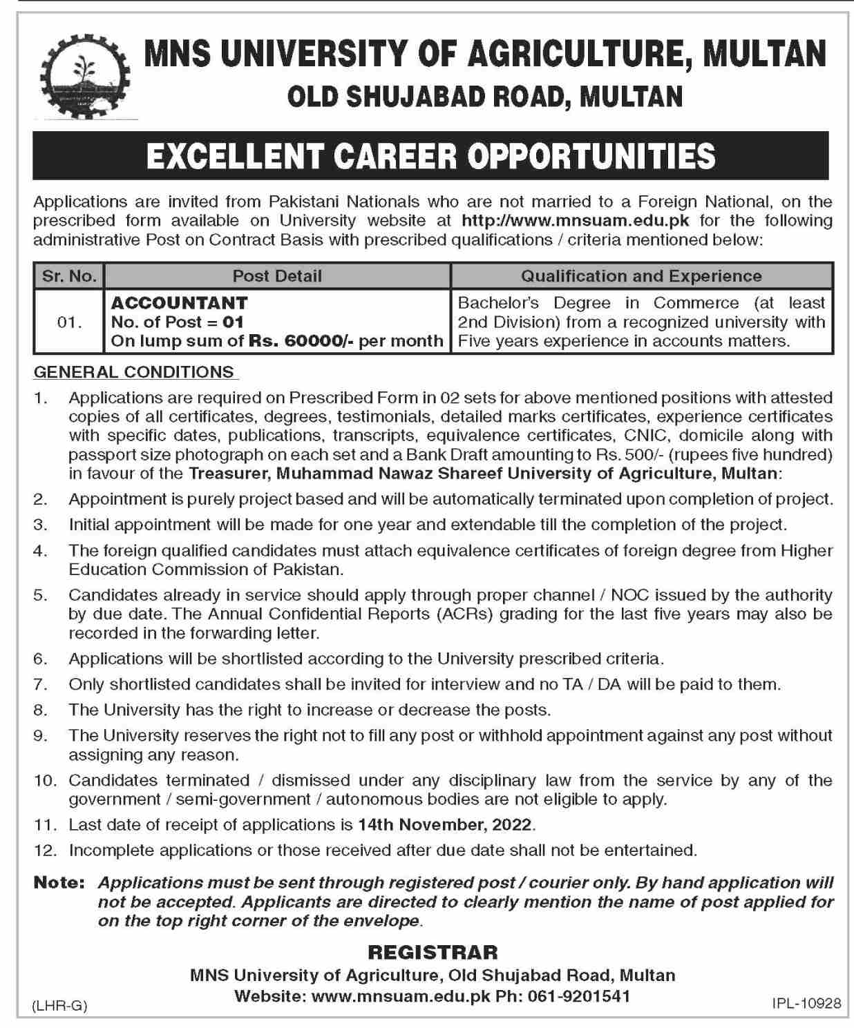 MNS University of Agriculture Multan Jobs November 2022